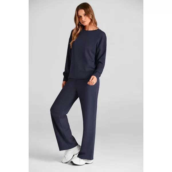 PRETTYGARDEN Womens 2 Piece Outfits 2024 Fall Long Sleeve Pullover Tops And Long Pants Lounge Sets TracksuitNavy