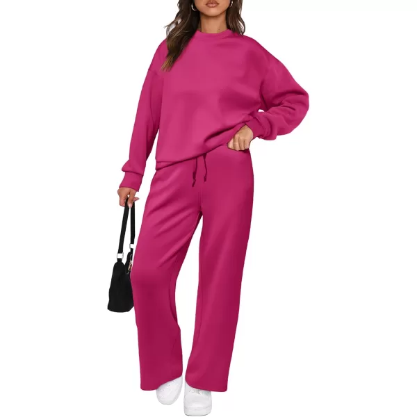 PRETTYGARDEN Womens 2 Piece Outfits 2024 Fall Long Sleeve Pullover Tops And Long Pants Lounge Sets TracksuitRose Red