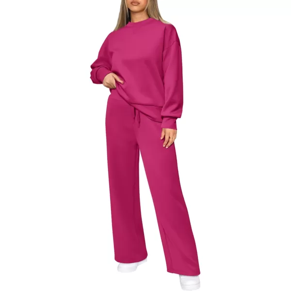 PRETTYGARDEN Womens 2 Piece Outfits 2024 Fall Long Sleeve Pullover Tops And Long Pants Lounge Sets TracksuitRose Red