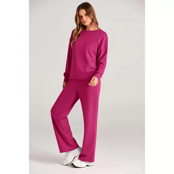PRETTYGARDEN Womens 2 Piece Outfits 2024 Fall Long Sleeve Pullover Tops And Long Pants Lounge Sets TracksuitRose Red