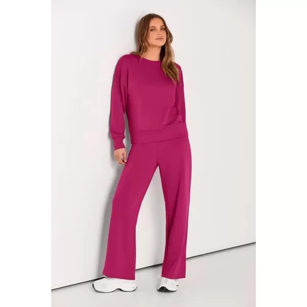 PRETTYGARDEN Womens 2 Piece Outfits 2024 Fall Long Sleeve Pullover Tops And Long Pants Lounge Sets TracksuitRose Red