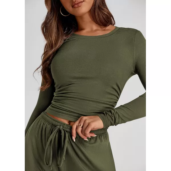 PRETTYGARDEN Womens Fall Two Piece Outfits Track Suits Long Sleeve Crop Tops Tee Shirts Wide Leg Pants Matching Lounge SetsArmy Green
