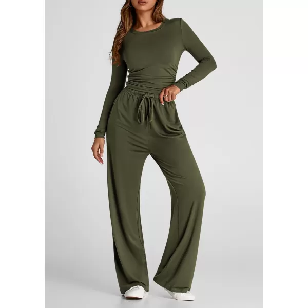 PRETTYGARDEN Womens Fall Two Piece Outfits Track Suits Long Sleeve Crop Tops Tee Shirts Wide Leg Pants Matching Lounge SetsArmy Green
