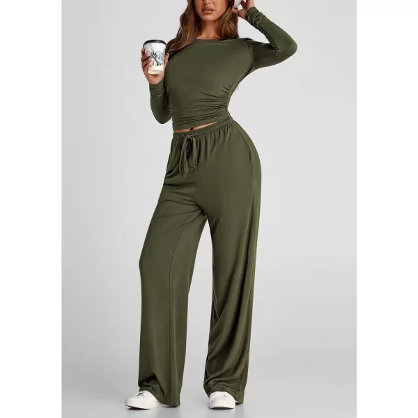 PRETTYGARDEN Womens Fall Two Piece Outfits Track Suits Long Sleeve Crop Tops Tee Shirts Wide Leg Pants Matching Lounge SetsArmy Green