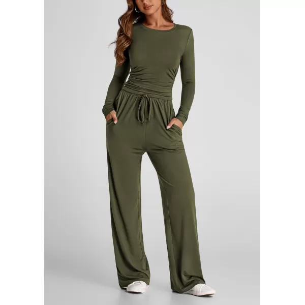 PRETTYGARDEN Womens Fall Two Piece Outfits Track Suits Long Sleeve Crop Tops Tee Shirts Wide Leg Pants Matching Lounge SetsArmy Green