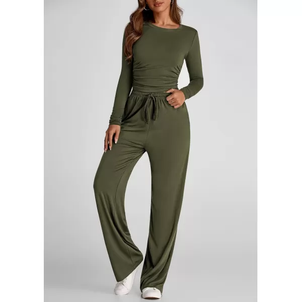 PRETTYGARDEN Womens Fall Two Piece Outfits Track Suits Long Sleeve Crop Tops Tee Shirts Wide Leg Pants Matching Lounge SetsArmy Green