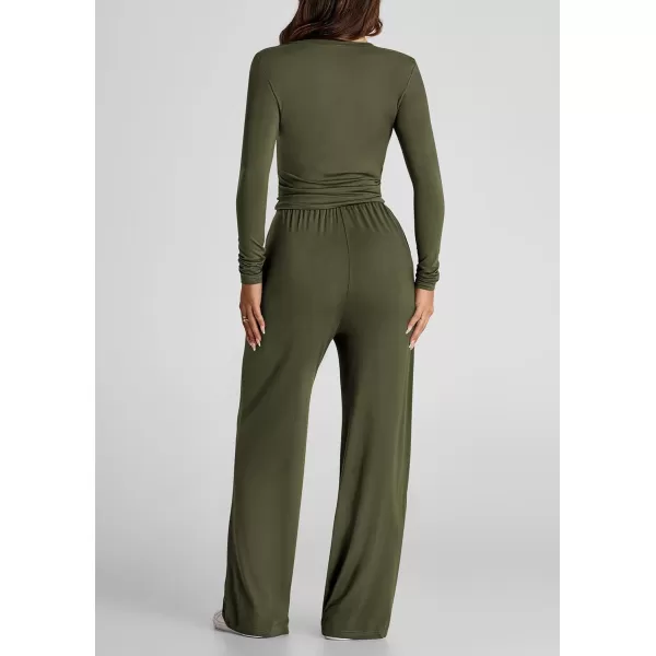 PRETTYGARDEN Womens Fall Two Piece Outfits Track Suits Long Sleeve Crop Tops Tee Shirts Wide Leg Pants Matching Lounge SetsArmy Green