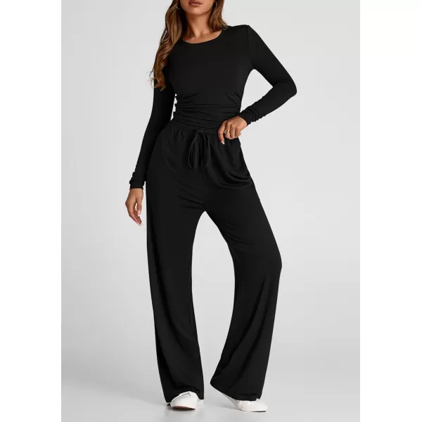 PRETTYGARDEN Womens Fall Two Piece Outfits Track Suits Long Sleeve Crop Tops Tee Shirts Wide Leg Pants Matching Lounge SetsBlack