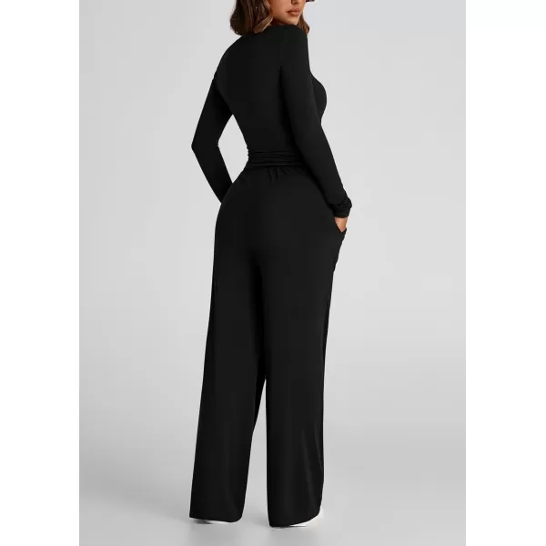 PRETTYGARDEN Womens Fall Two Piece Outfits Track Suits Long Sleeve Crop Tops Tee Shirts Wide Leg Pants Matching Lounge SetsBlack