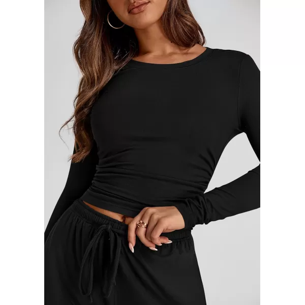 PRETTYGARDEN Womens Fall Two Piece Outfits Track Suits Long Sleeve Crop Tops Tee Shirts Wide Leg Pants Matching Lounge SetsBlack