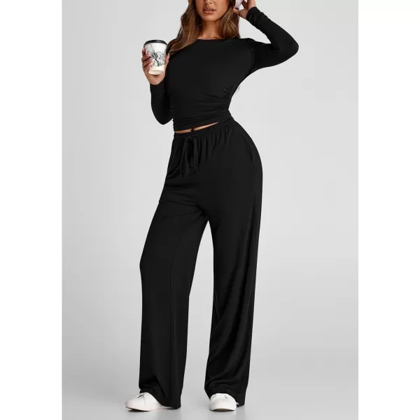 PRETTYGARDEN Womens Fall Two Piece Outfits Track Suits Long Sleeve Crop Tops Tee Shirts Wide Leg Pants Matching Lounge SetsBlack