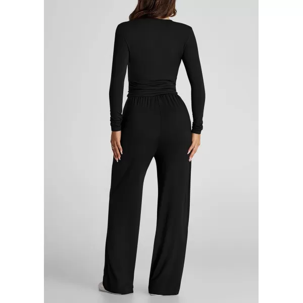 PRETTYGARDEN Womens Fall Two Piece Outfits Track Suits Long Sleeve Crop Tops Tee Shirts Wide Leg Pants Matching Lounge SetsBlack