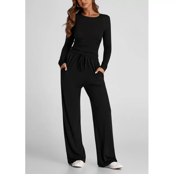 PRETTYGARDEN Womens Fall Two Piece Outfits Track Suits Long Sleeve Crop Tops Tee Shirts Wide Leg Pants Matching Lounge SetsBlack