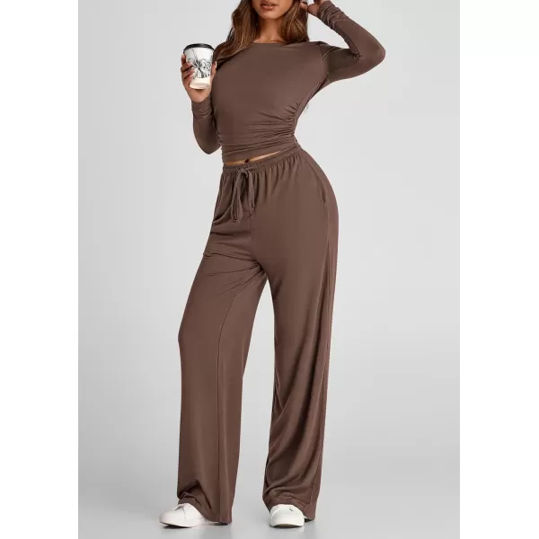 PRETTYGARDEN Womens Fall Two Piece Outfits Track Suits Long Sleeve Crop Tops Tee Shirts Wide Leg Pants Matching Lounge SetsBrown