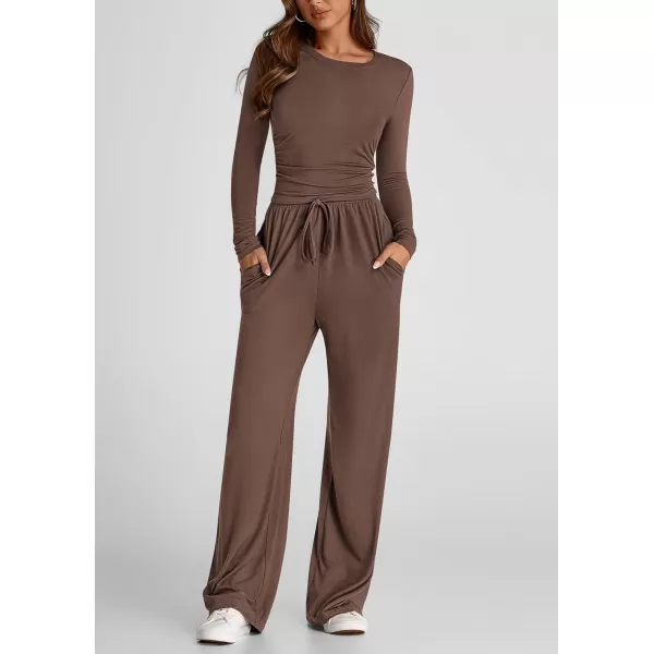 PRETTYGARDEN Womens Fall Two Piece Outfits Track Suits Long Sleeve Crop Tops Tee Shirts Wide Leg Pants Matching Lounge SetsBrown