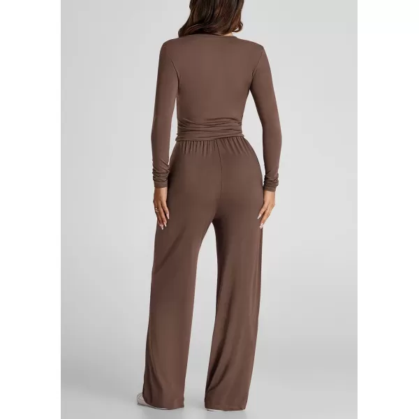 PRETTYGARDEN Womens Fall Two Piece Outfits Track Suits Long Sleeve Crop Tops Tee Shirts Wide Leg Pants Matching Lounge SetsBrown