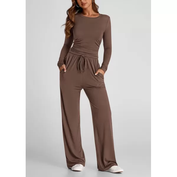 PRETTYGARDEN Womens Fall Two Piece Outfits Track Suits Long Sleeve Crop Tops Tee Shirts Wide Leg Pants Matching Lounge SetsBrown