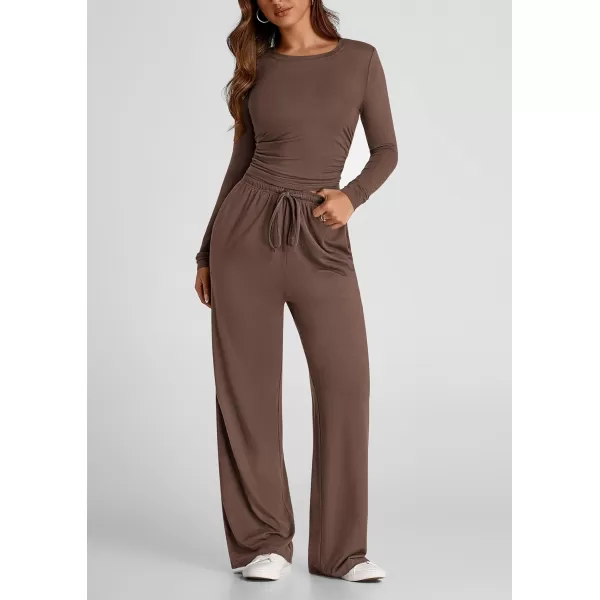 PRETTYGARDEN Womens Fall Two Piece Outfits Track Suits Long Sleeve Crop Tops Tee Shirts Wide Leg Pants Matching Lounge SetsBrown