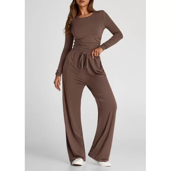 PRETTYGARDEN Womens Fall Two Piece Outfits Track Suits Long Sleeve Crop Tops Tee Shirts Wide Leg Pants Matching Lounge SetsBrown