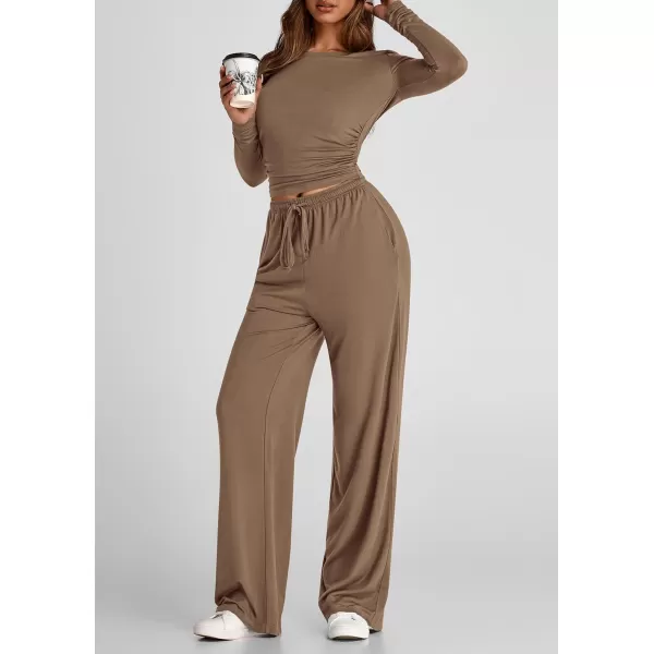 PRETTYGARDEN Womens Fall Two Piece Outfits Track Suits Long Sleeve Crop Tops Tee Shirts Wide Leg Pants Matching Lounge SetsCamel