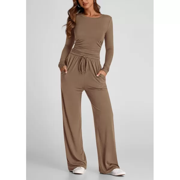 PRETTYGARDEN Womens Fall Two Piece Outfits Track Suits Long Sleeve Crop Tops Tee Shirts Wide Leg Pants Matching Lounge SetsCamel