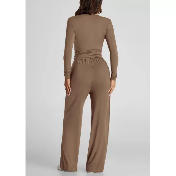 PRETTYGARDEN Womens Fall Two Piece Outfits Track Suits Long Sleeve Crop Tops Tee Shirts Wide Leg Pants Matching Lounge SetsCamel