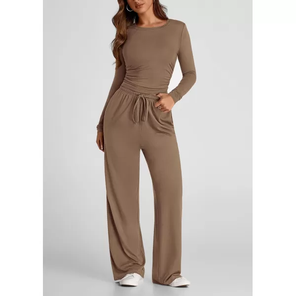 PRETTYGARDEN Womens Fall Two Piece Outfits Track Suits Long Sleeve Crop Tops Tee Shirts Wide Leg Pants Matching Lounge SetsCamel