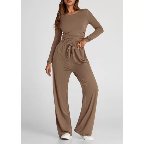 PRETTYGARDEN Womens Fall Two Piece Outfits Track Suits Long Sleeve Crop Tops Tee Shirts Wide Leg Pants Matching Lounge SetsCamel