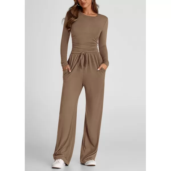 PRETTYGARDEN Womens Fall Two Piece Outfits Track Suits Long Sleeve Crop Tops Tee Shirts Wide Leg Pants Matching Lounge SetsCamel