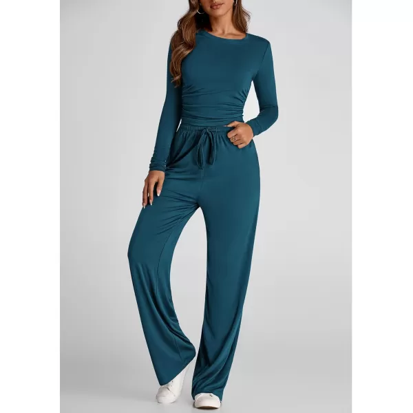 PRETTYGARDEN Womens Fall Two Piece Outfits Track Suits Long Sleeve Crop Tops Tee Shirts Wide Leg Pants Matching Lounge SetsDark Blue