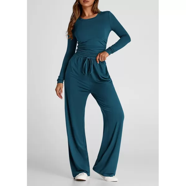 PRETTYGARDEN Womens Fall Two Piece Outfits Track Suits Long Sleeve Crop Tops Tee Shirts Wide Leg Pants Matching Lounge SetsDark Blue