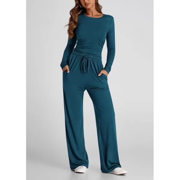 PRETTYGARDEN Womens Fall Two Piece Outfits Track Suits Long Sleeve Crop Tops Tee Shirts Wide Leg Pants Matching Lounge SetsDark Blue