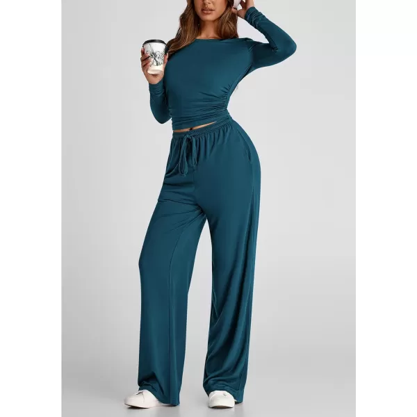 PRETTYGARDEN Womens Fall Two Piece Outfits Track Suits Long Sleeve Crop Tops Tee Shirts Wide Leg Pants Matching Lounge SetsDark Blue