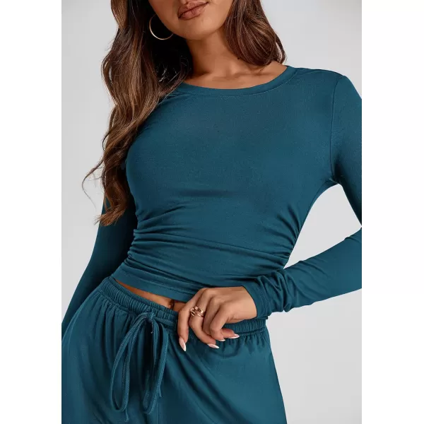 PRETTYGARDEN Womens Fall Two Piece Outfits Track Suits Long Sleeve Crop Tops Tee Shirts Wide Leg Pants Matching Lounge SetsDark Blue