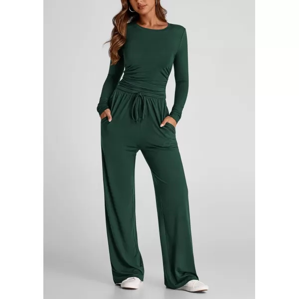 PRETTYGARDEN Womens Fall Two Piece Outfits Track Suits Long Sleeve Crop Tops Tee Shirts Wide Leg Pants Matching Lounge SetsDark Green