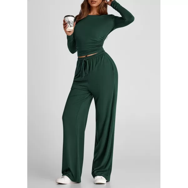 PRETTYGARDEN Womens Fall Two Piece Outfits Track Suits Long Sleeve Crop Tops Tee Shirts Wide Leg Pants Matching Lounge SetsDark Green