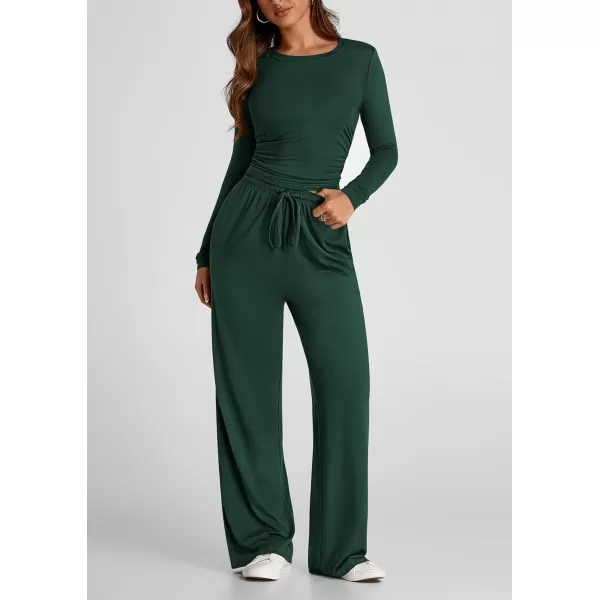 PRETTYGARDEN Womens Fall Two Piece Outfits Track Suits Long Sleeve Crop Tops Tee Shirts Wide Leg Pants Matching Lounge SetsDark Green