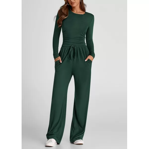 PRETTYGARDEN Womens Fall Two Piece Outfits Track Suits Long Sleeve Crop Tops Tee Shirts Wide Leg Pants Matching Lounge SetsDark Green
