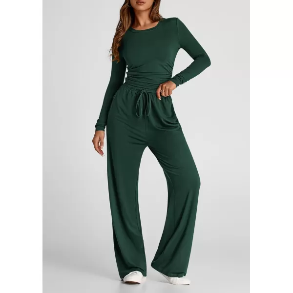 PRETTYGARDEN Womens Fall Two Piece Outfits Track Suits Long Sleeve Crop Tops Tee Shirts Wide Leg Pants Matching Lounge SetsDark Green