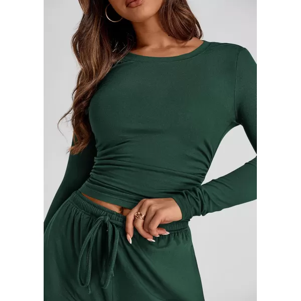 PRETTYGARDEN Womens Fall Two Piece Outfits Track Suits Long Sleeve Crop Tops Tee Shirts Wide Leg Pants Matching Lounge SetsDark Green