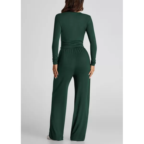 PRETTYGARDEN Womens Fall Two Piece Outfits Track Suits Long Sleeve Crop Tops Tee Shirts Wide Leg Pants Matching Lounge SetsDark Green