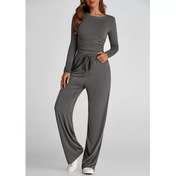 PRETTYGARDEN Womens Fall Two Piece Outfits Track Suits Long Sleeve Crop Tops Tee Shirts Wide Leg Pants Matching Lounge SetsDark Grey