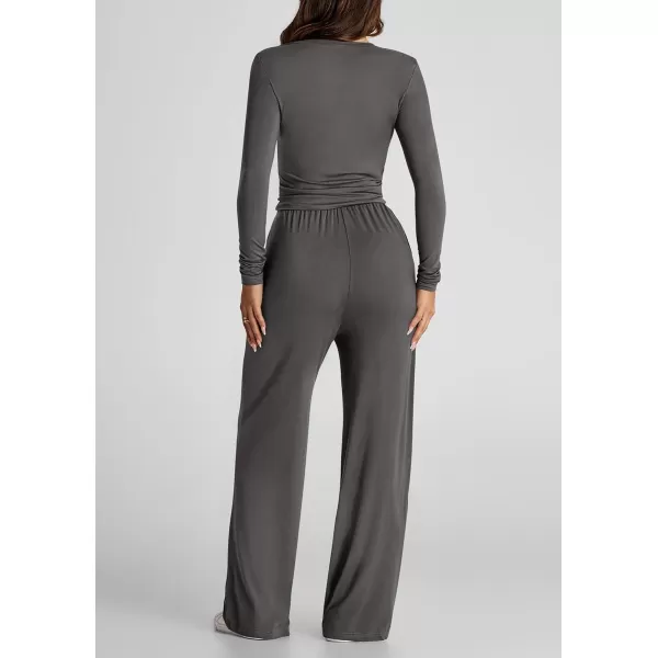 PRETTYGARDEN Womens Fall Two Piece Outfits Track Suits Long Sleeve Crop Tops Tee Shirts Wide Leg Pants Matching Lounge SetsDark Grey