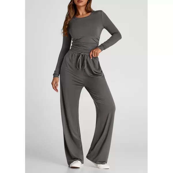 PRETTYGARDEN Womens Fall Two Piece Outfits Track Suits Long Sleeve Crop Tops Tee Shirts Wide Leg Pants Matching Lounge SetsDark Grey