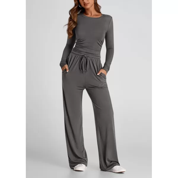 PRETTYGARDEN Womens Fall Two Piece Outfits Track Suits Long Sleeve Crop Tops Tee Shirts Wide Leg Pants Matching Lounge SetsDark Grey