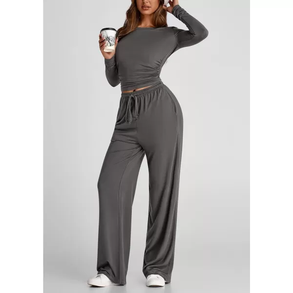 PRETTYGARDEN Womens Fall Two Piece Outfits Track Suits Long Sleeve Crop Tops Tee Shirts Wide Leg Pants Matching Lounge SetsDark Grey