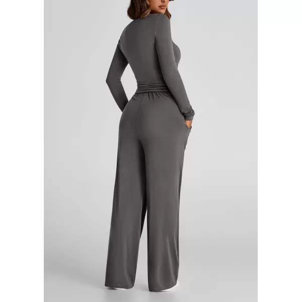 PRETTYGARDEN Womens Fall Two Piece Outfits Track Suits Long Sleeve Crop Tops Tee Shirts Wide Leg Pants Matching Lounge SetsDark Grey
