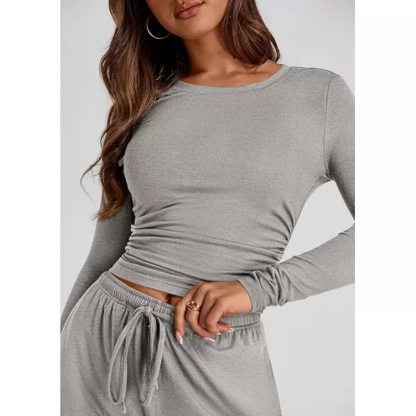 PRETTYGARDEN Womens Fall Two Piece Outfits Track Suits Long Sleeve Crop Tops Tee Shirts Wide Leg Pants Matching Lounge SetsGrey