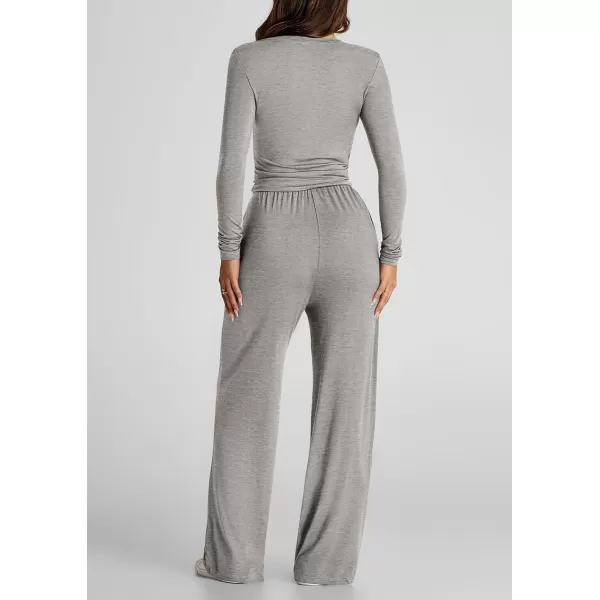 PRETTYGARDEN Womens Fall Two Piece Outfits Track Suits Long Sleeve Crop Tops Tee Shirts Wide Leg Pants Matching Lounge SetsGrey