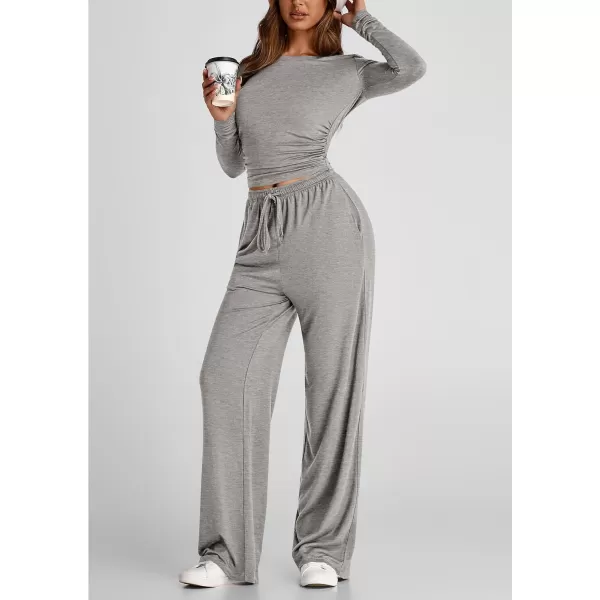 PRETTYGARDEN Womens Fall Two Piece Outfits Track Suits Long Sleeve Crop Tops Tee Shirts Wide Leg Pants Matching Lounge SetsGrey